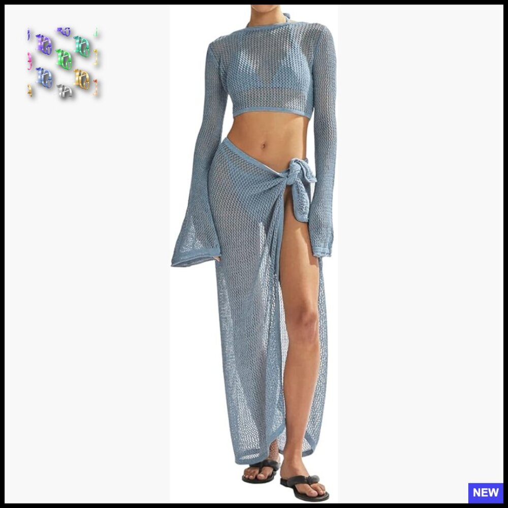 Crochet Hollow Out Bikini Coverup Set Long Sleeve V-Neck Beachwear Sexy